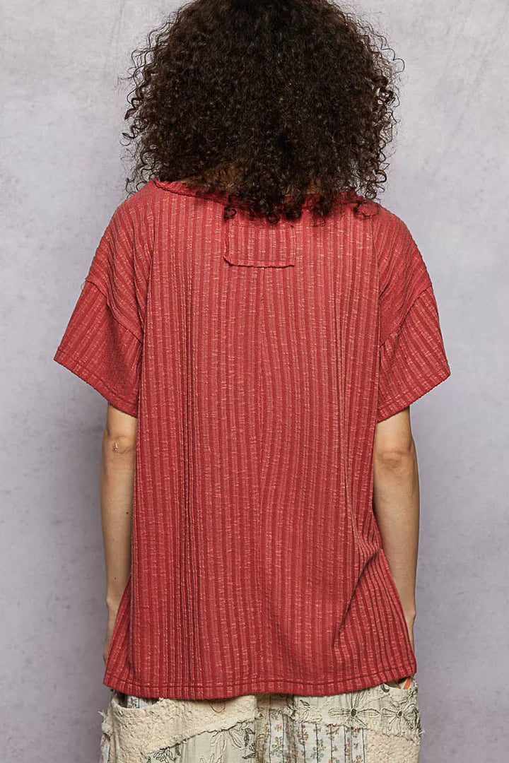 POL Ribbed Knit V-Neck Short Sleeve T-Shirt with Side Slit