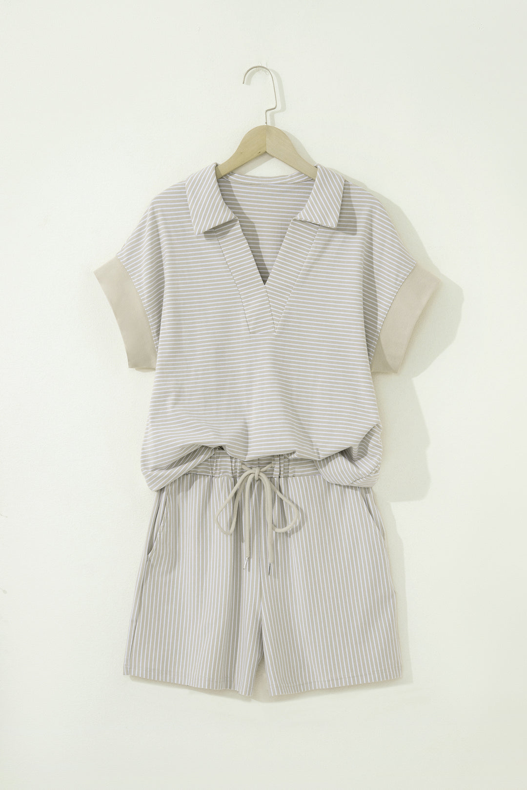 Khaki Stripe Dolman Sleeve Polo Shirt and Drawstring Shorts Set