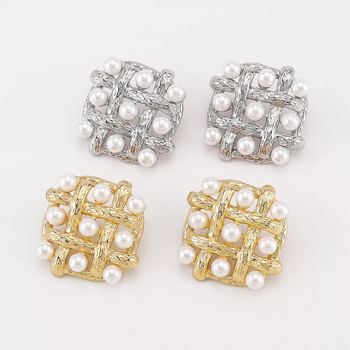 Pearl Grid Square Stud Earrings