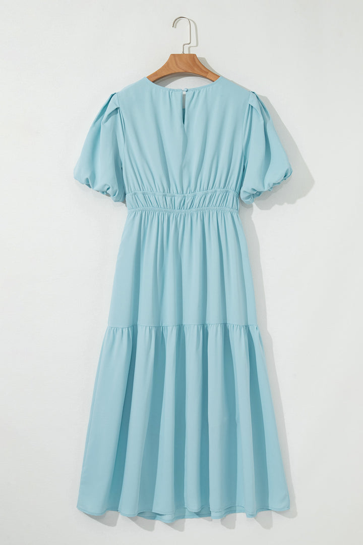 Light Blue Puff Sleeve Pleated High Waist Flowy Long Dress