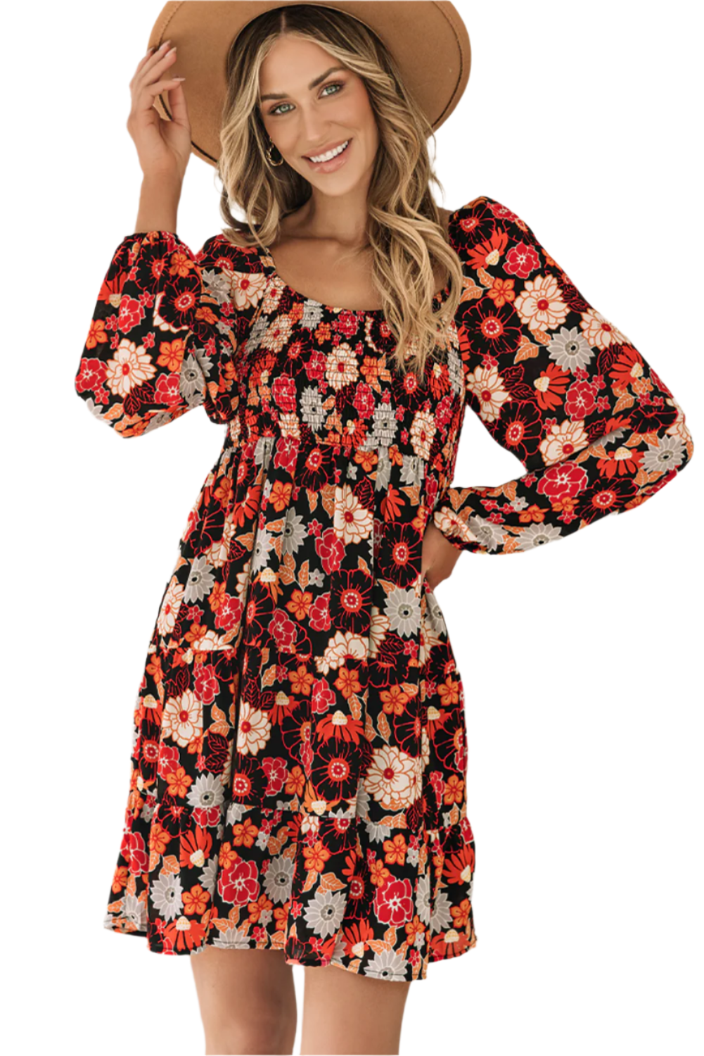 Multicolour Smocked High Waist Long Sleeve Floral Dress