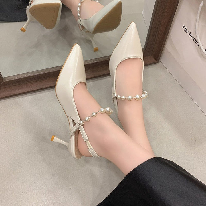 Women French Style Pearl Closed Toe Sandals, 2026 Summer New Pointed Toe Stiletto Backless High Heels, Fairy Style Single Shoes