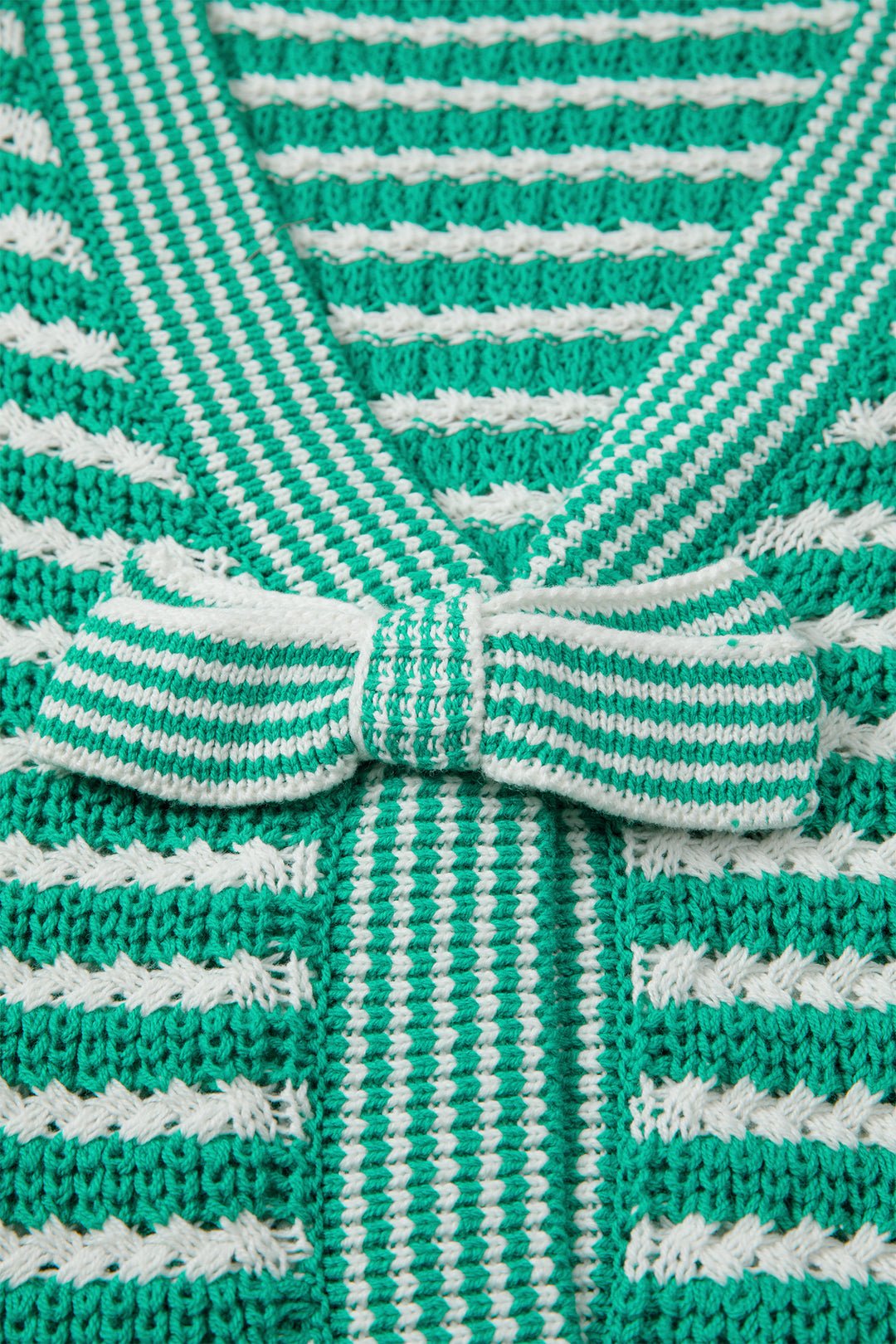 Green Stripe Short Sleeve Knit V Neck Bow Knot Sweater
