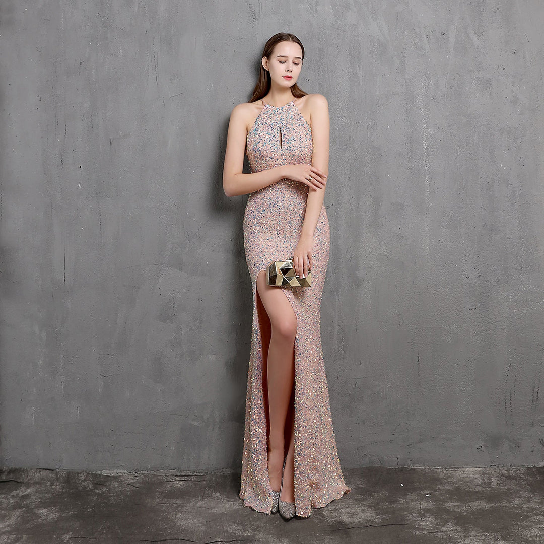 Heavy Craft Colorful Sequin Socialite Gathering Party Evening Dress Sexy Long Slimming Toast Dress Bride Formal Gown