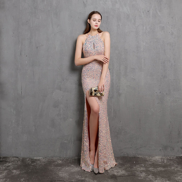 Heavy Craft Colorful Sequin Socialite Gathering Party Evening Dress Sexy Long Slimming Toast Dress Bride Formal Gown