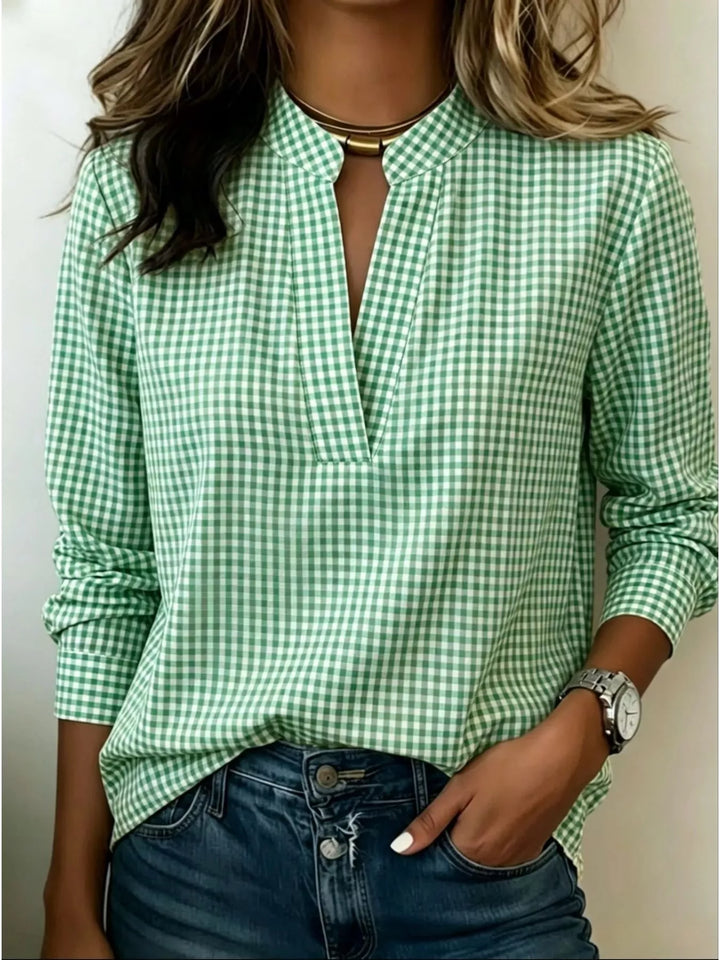 Full Size Plaid Notched Long Sleeve Blouse Plus Size