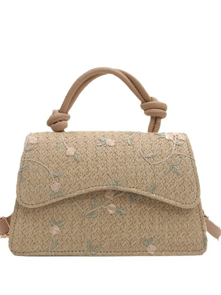 Floral Embroidered Straw Woven Crossbody Bag