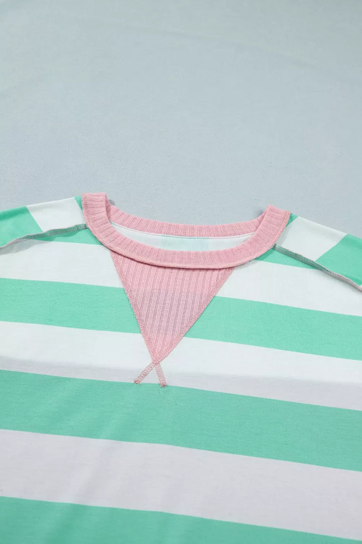 Stripe Exposed Seam Ribbed Patchwork Oversized Tee