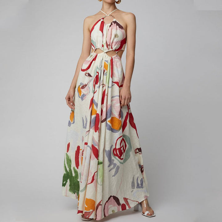 Spring Summer Women Clothing Slim Fit Large Swing Sling Stitching Printing Maxi Dress Beach Dress