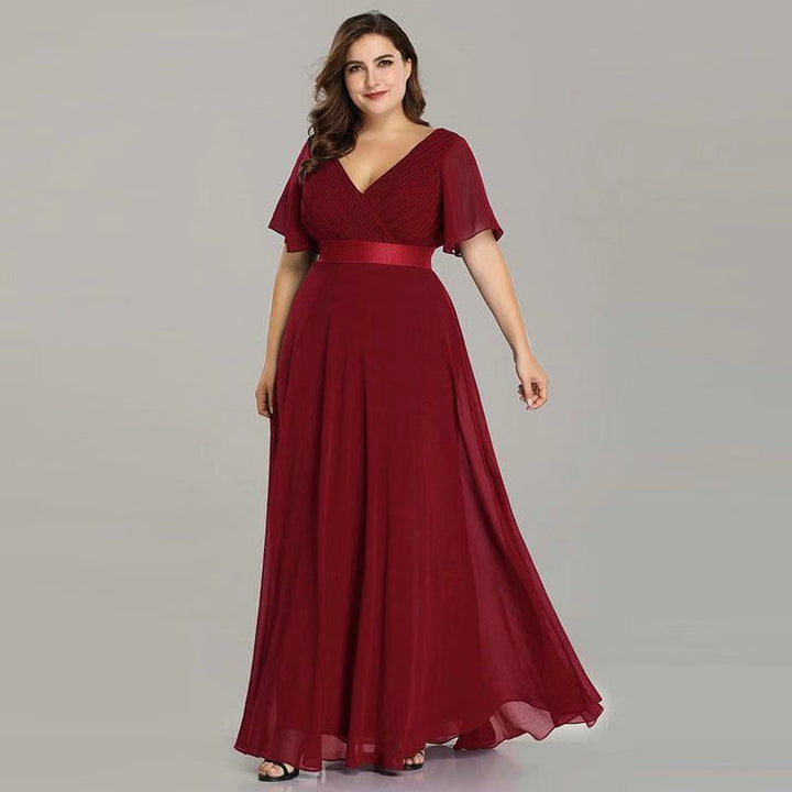Hand-Folded Large V-neck Dress Chiffon Elastic Banquet Bridesmaid Evening Dress for Women