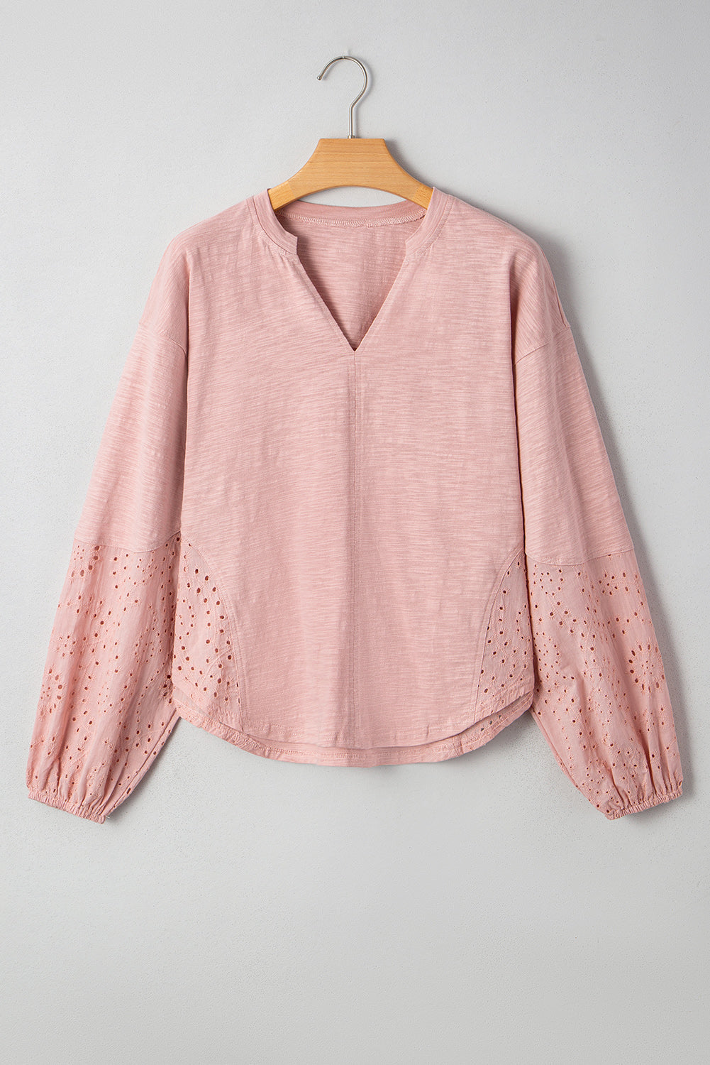 Light Pink Keyhole Notch V Neck Batwing Sleeve Blouse