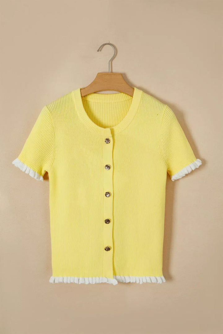 Ribbed Knit Contrast Frilled Short Sleeve Sweater Cardigan