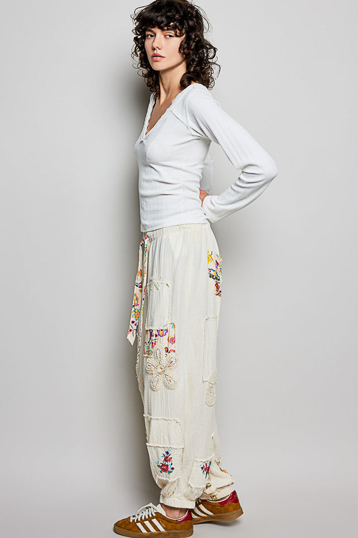 POL V-Neck Long Sleeve Ribbed Top with Lace-Accent Neckband