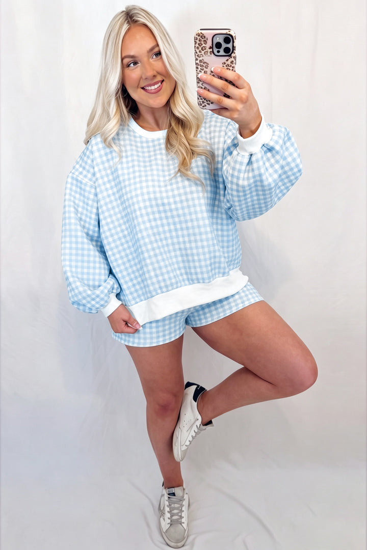 Pink Plaid Baggy Pullover Drawstring Casual Shorts 2pcs Outfit