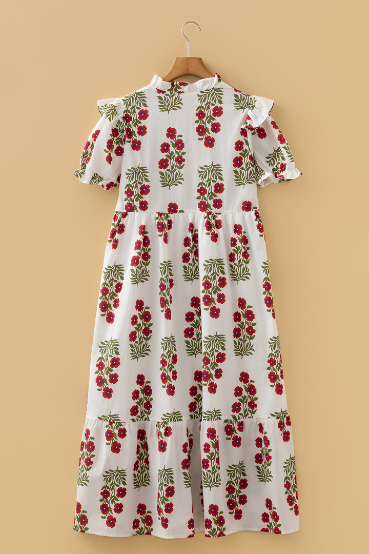 Beige Floral Short Bubble Sleeve Tiered Maxi Dress