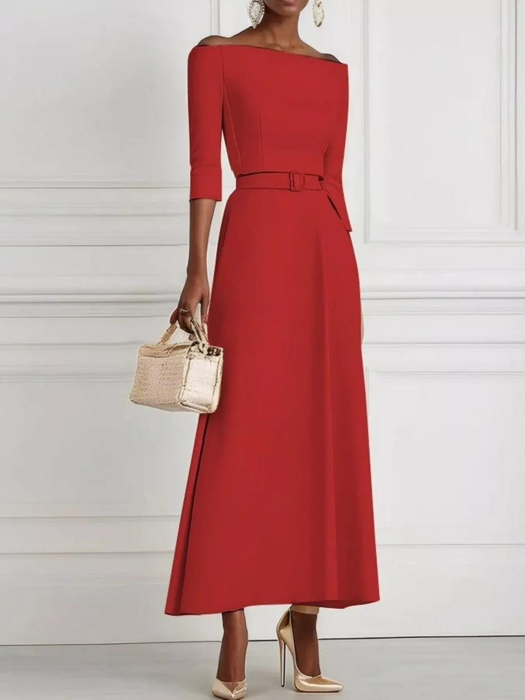 Elegant Off-Shoulder Belted Maxi Dress