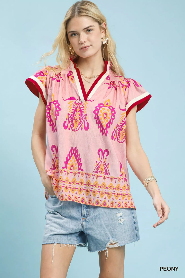Umgee Border Print Split-Neck Boho Top