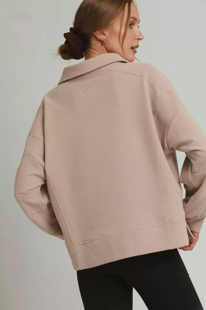 Umgee Brushed Waffle Polo Collared Pullover