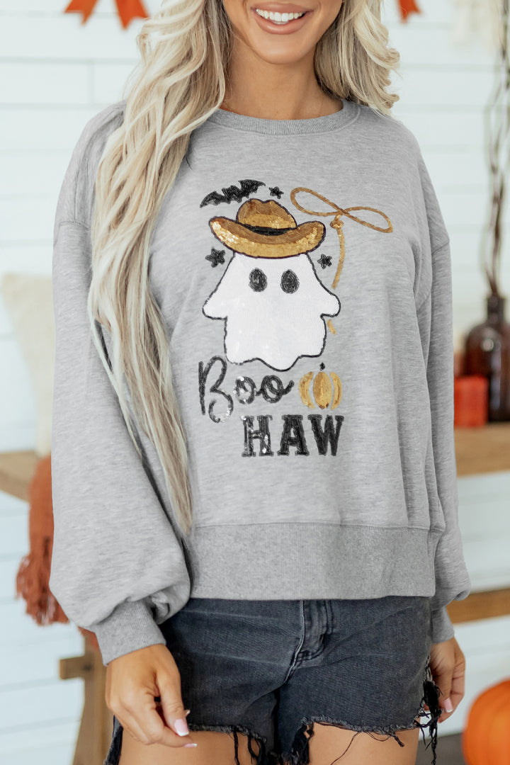 Medium Grey Sequin Western Ghost Print Long Sleeve Round Neck Sweatshirt