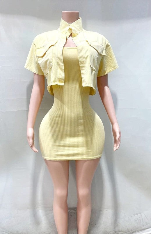 Give Me Some Sunshine Mineral Wash Ribbed Dress & Jacket Set- Yellow