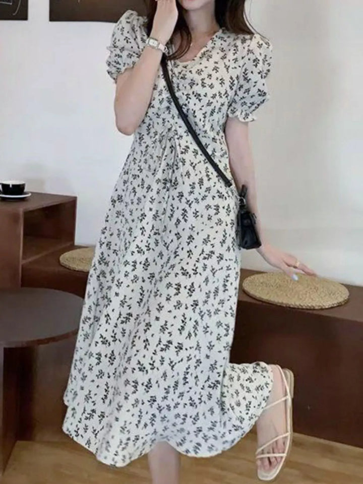Floral Print Puff Sleeve Midi Dress