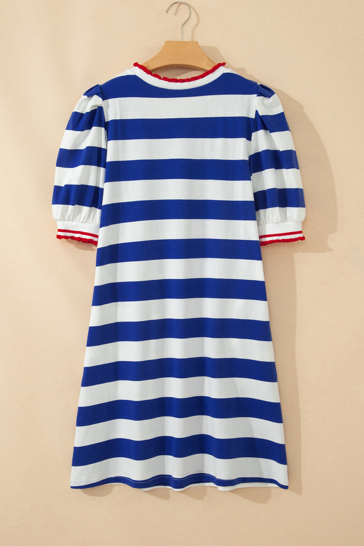Blue Stripe Contrast Trim Round Neck Short Puff Sleeve Shift Mini Dress