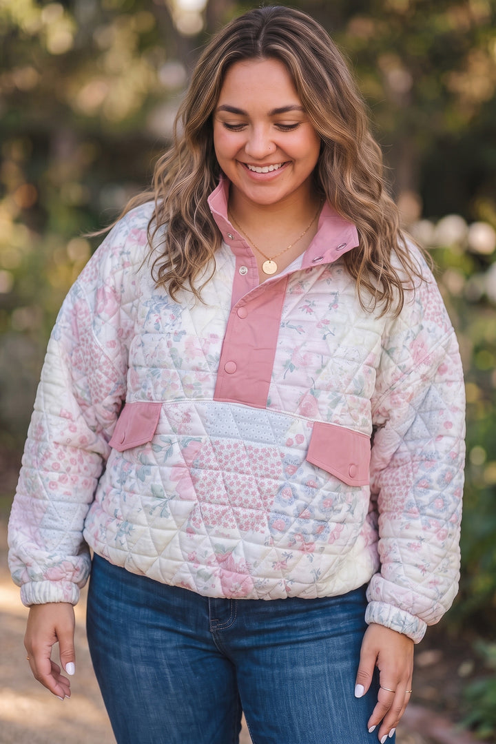 Pink Floral Quilted V-Neck Plus Size Fake Pocket Sweatshirt