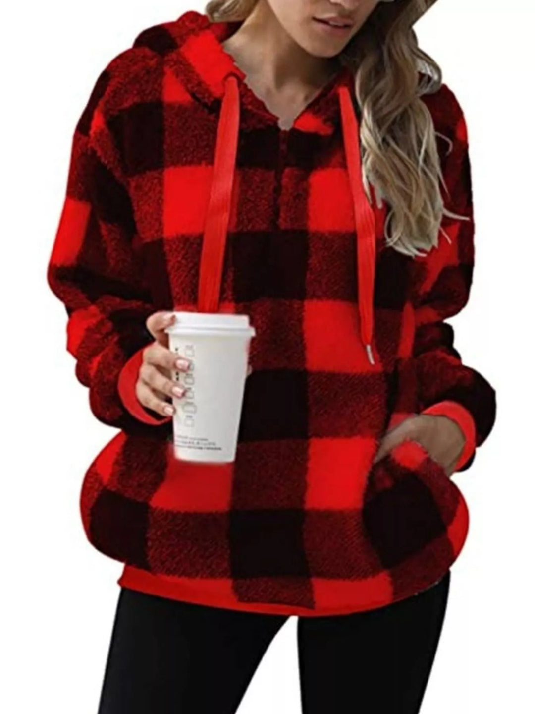 Full Size Plaid Sherpa Drawstring Hoodie Plus Size