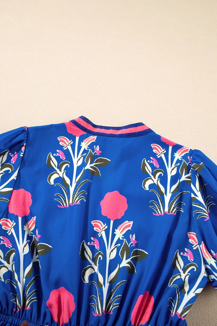 Floral Puff Short Sleeve Notched High Waist Dress