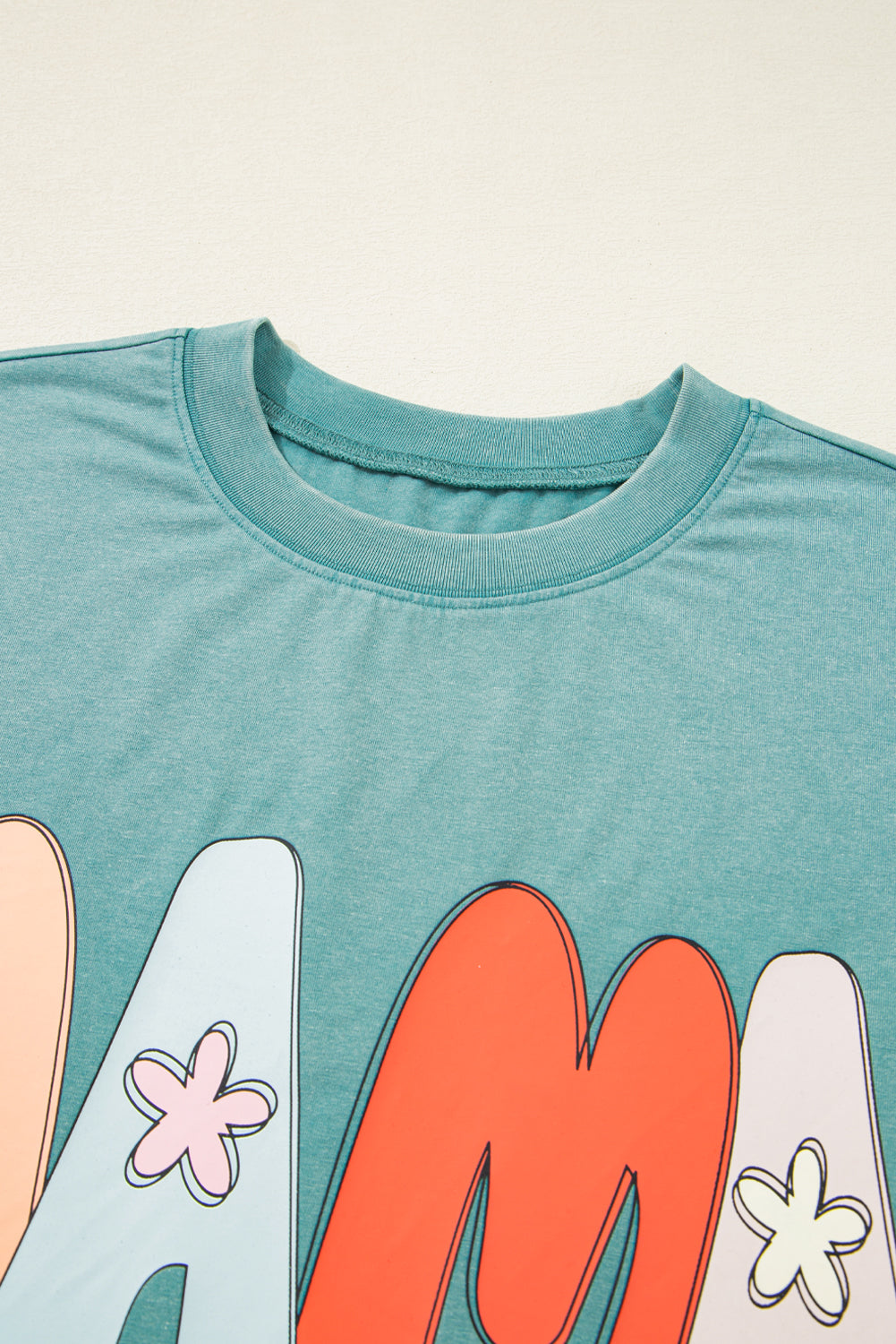 T-shirt ras du cou imprimé vert mer MAMA délavé minéral