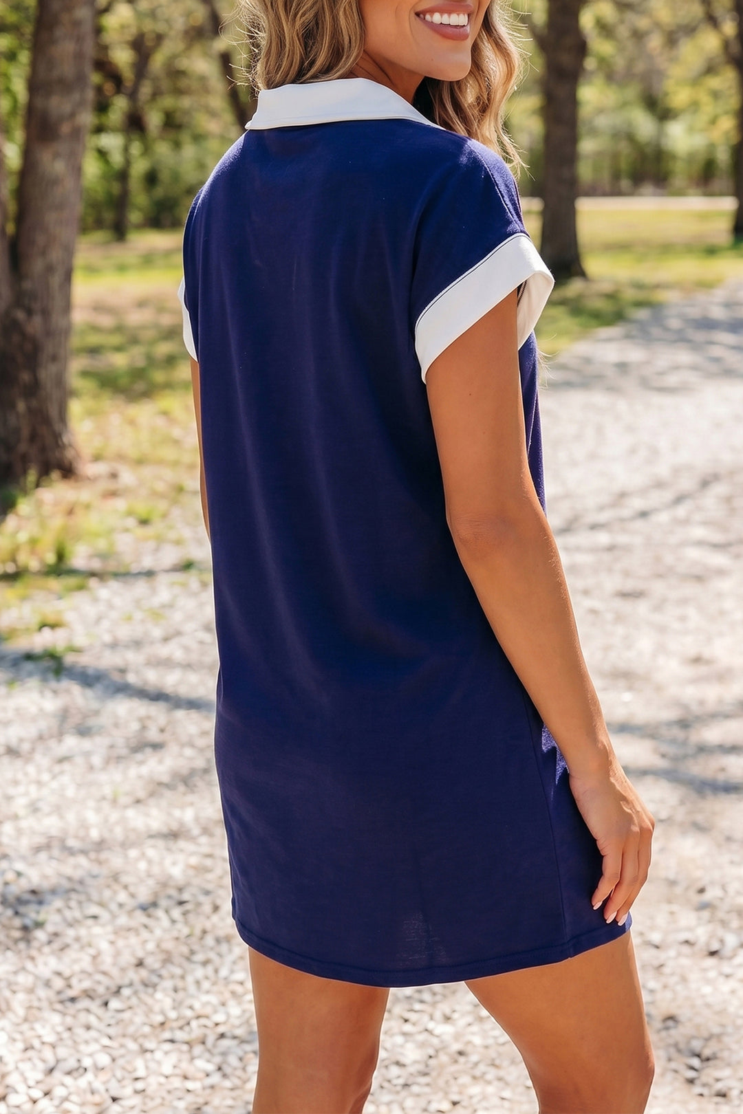 Navy Blue Americana Colorblock Stripes Zip up Collared T Shirt Mini Dress