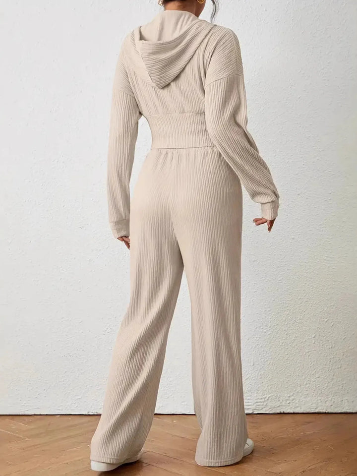 Drawstring Zip Up Hooded Top and Pants Set