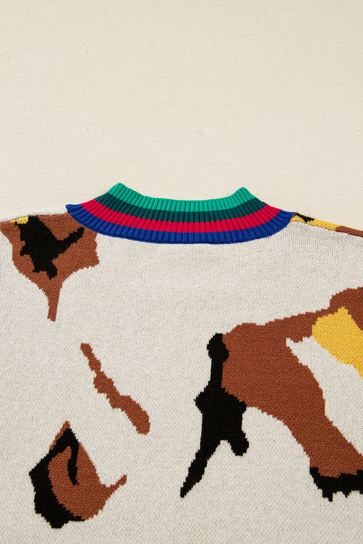 Apricot Contrast Ribbed Stripes Detail Animal Pattern Knit Sweater