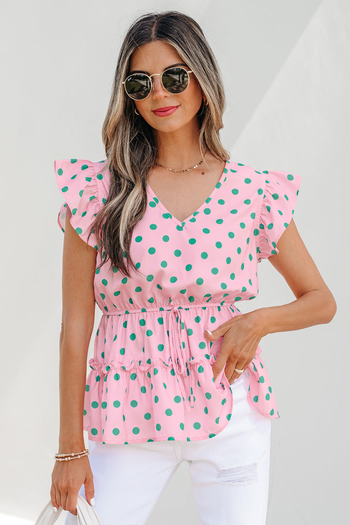 Pink V Neck Polka Dot Print Drawstring Tiered Babydoll Blouse