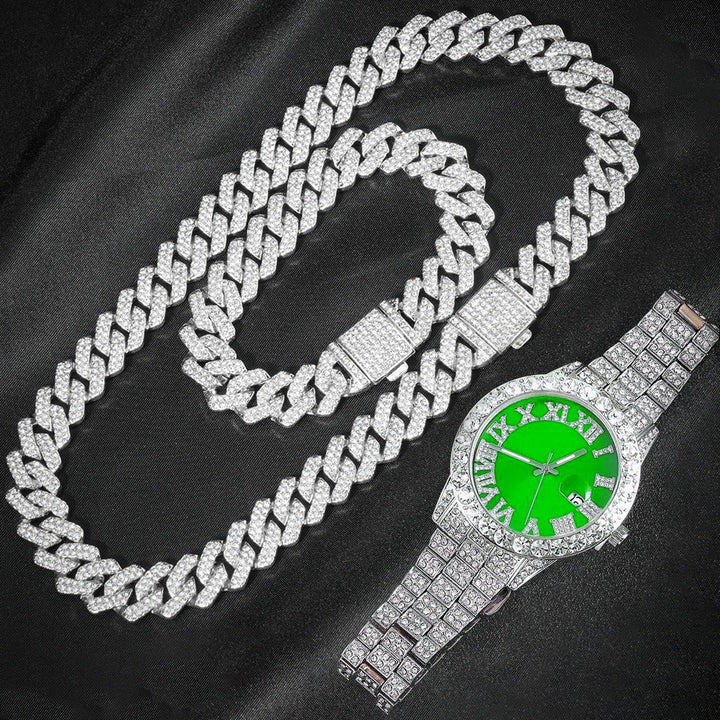 Hip-Hop EuropeanAmerican Cross-Border 14mm Cuban-Link Watch Set