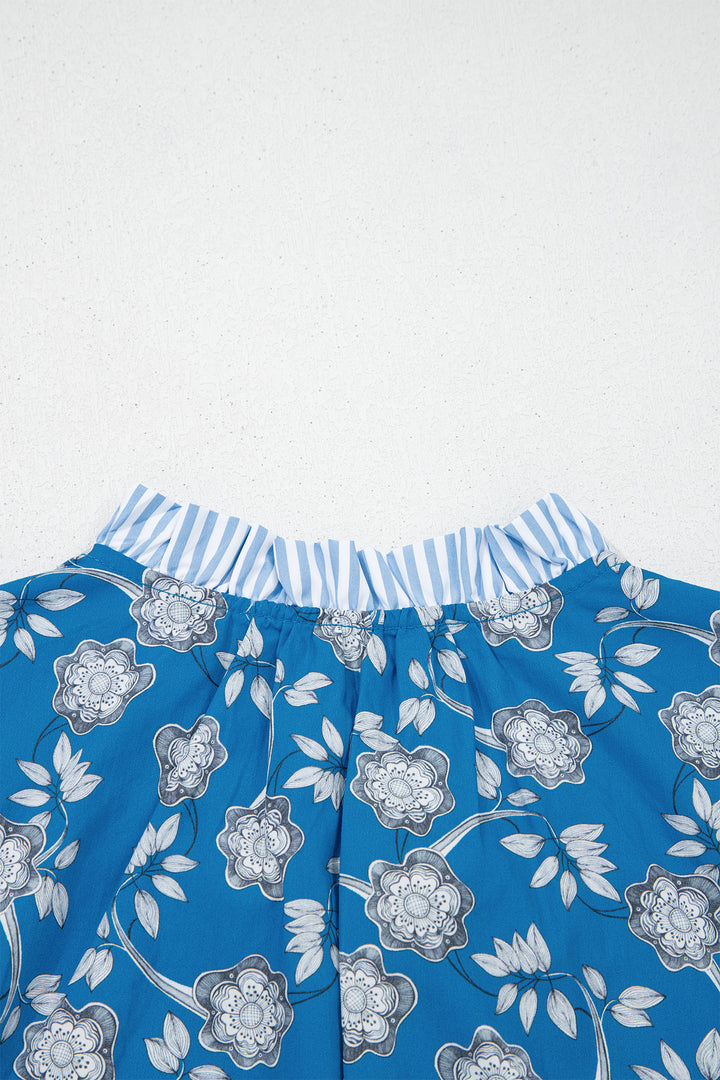 Blue Floral Print Button Tie Neck Striped Detail Short Sleeve Blouse