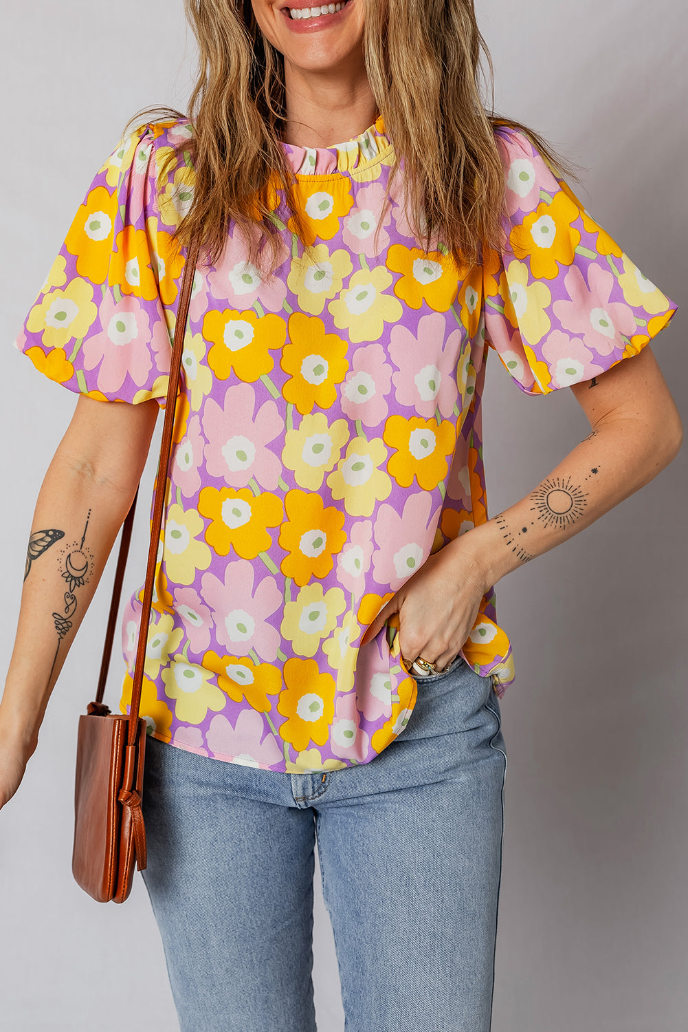 Purple Frilled Neck Puff Short Sleeve Flower Top