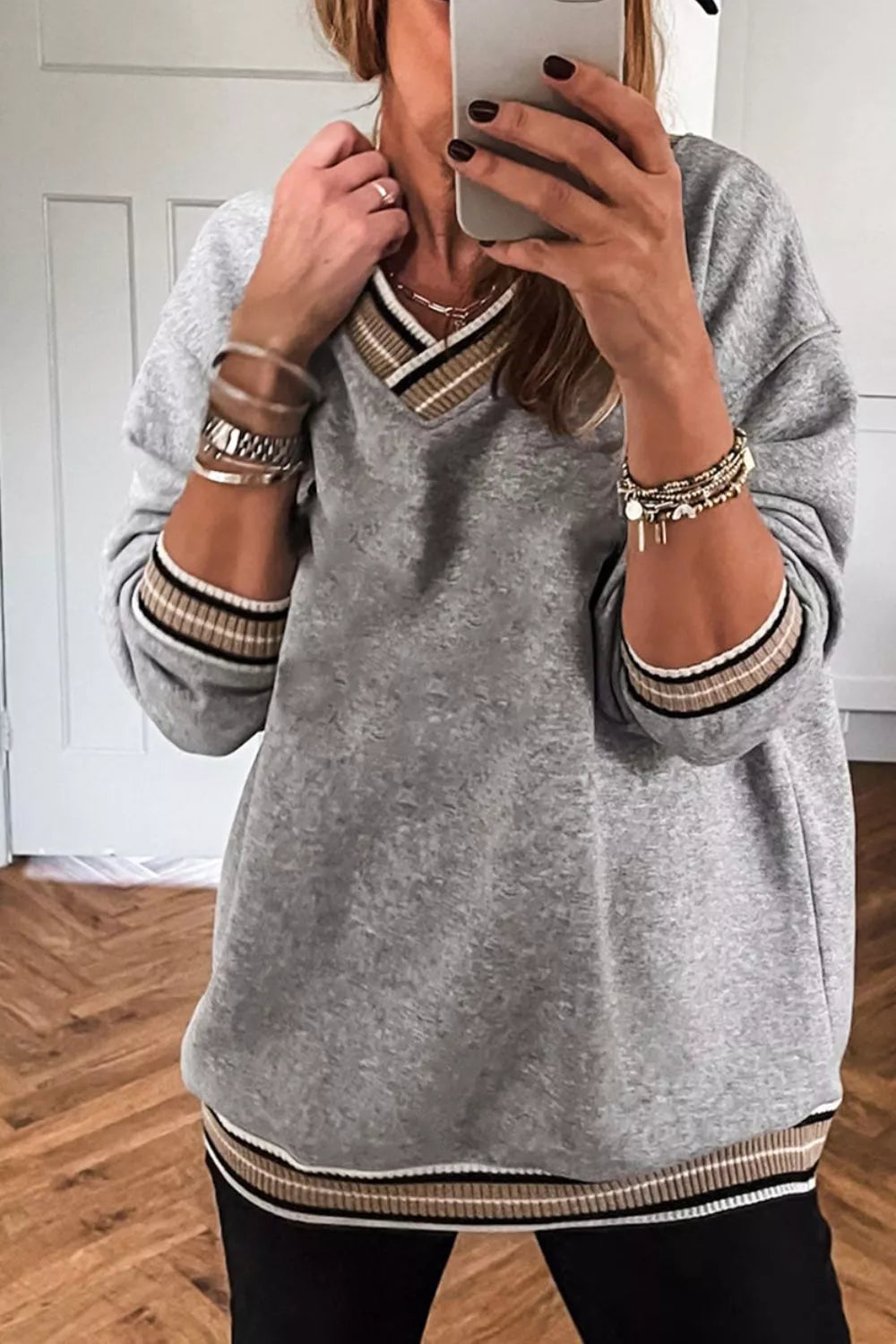 Casual V-Neck Striped Trim Pullover