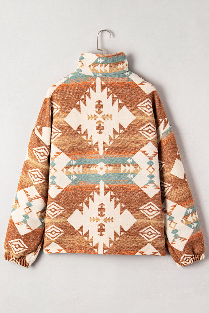 Khaki Quarter Zip Elastic Cuffs Aztec Sweatshirt