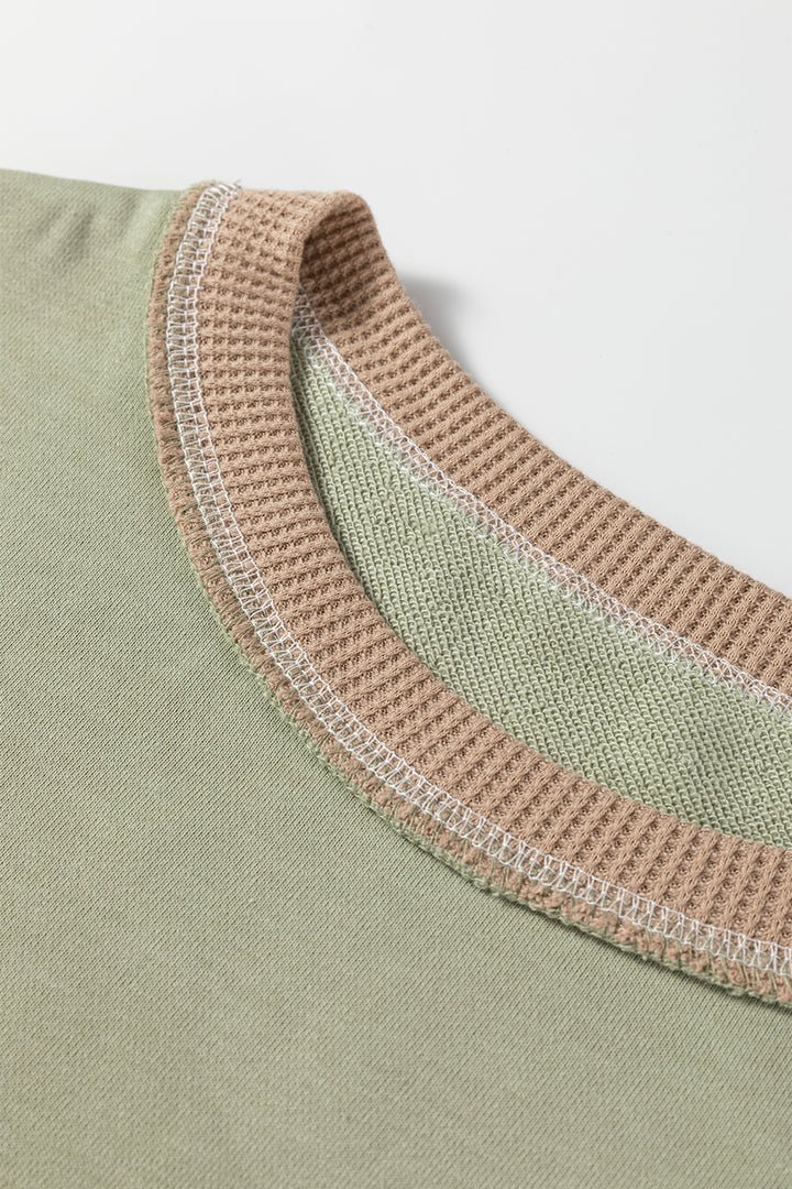 Smoke Green Color Block Mix Texture Waffle Patchwork Oversize Sweatshirt