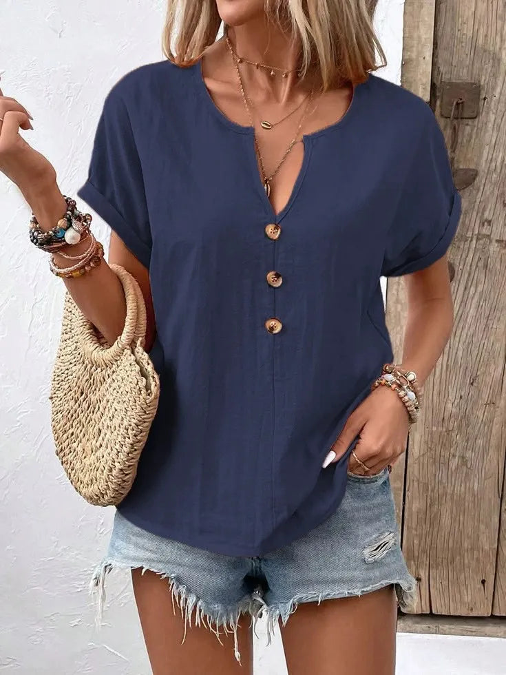 Full Size Notched Short Sleeve Top Plus Size
