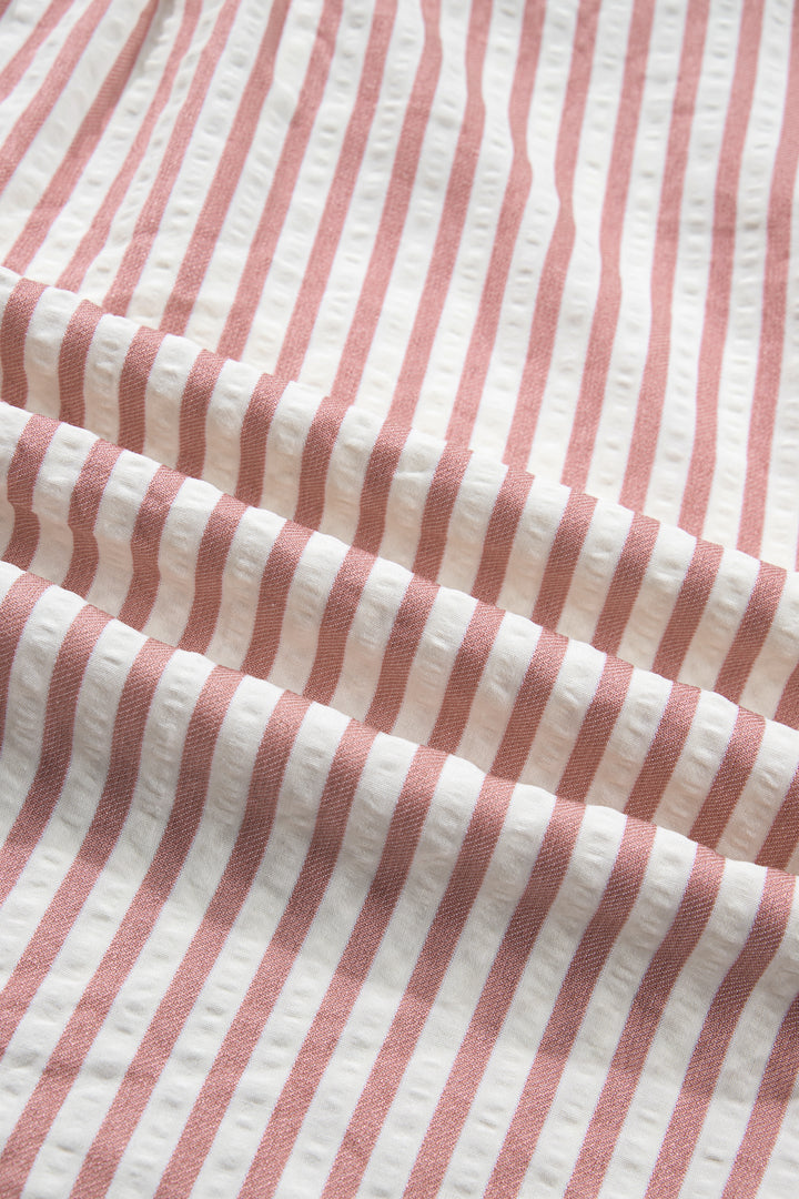 Pink Stripe Leopard Trim V Neck Button Down Half Sleeve Shirt