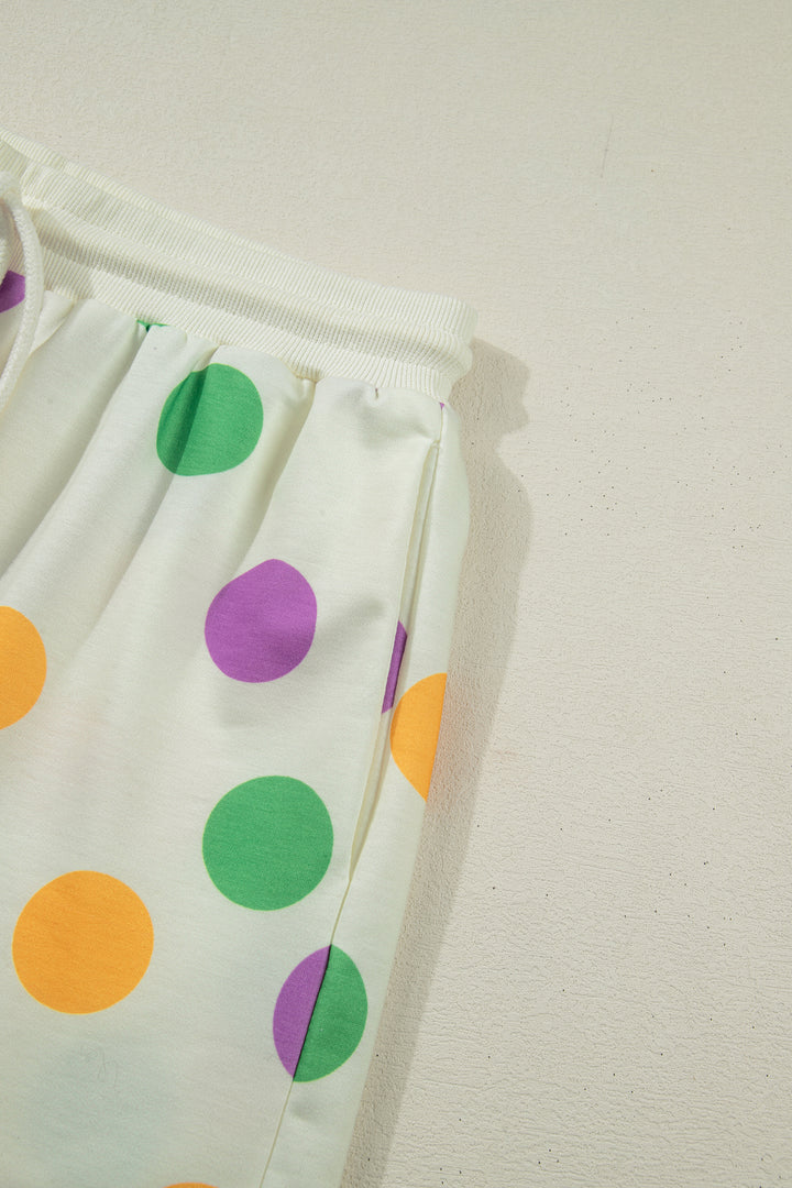 Multicolour Polka Dot Print Drop Shoulder Pullover Drawstring Shorts Set