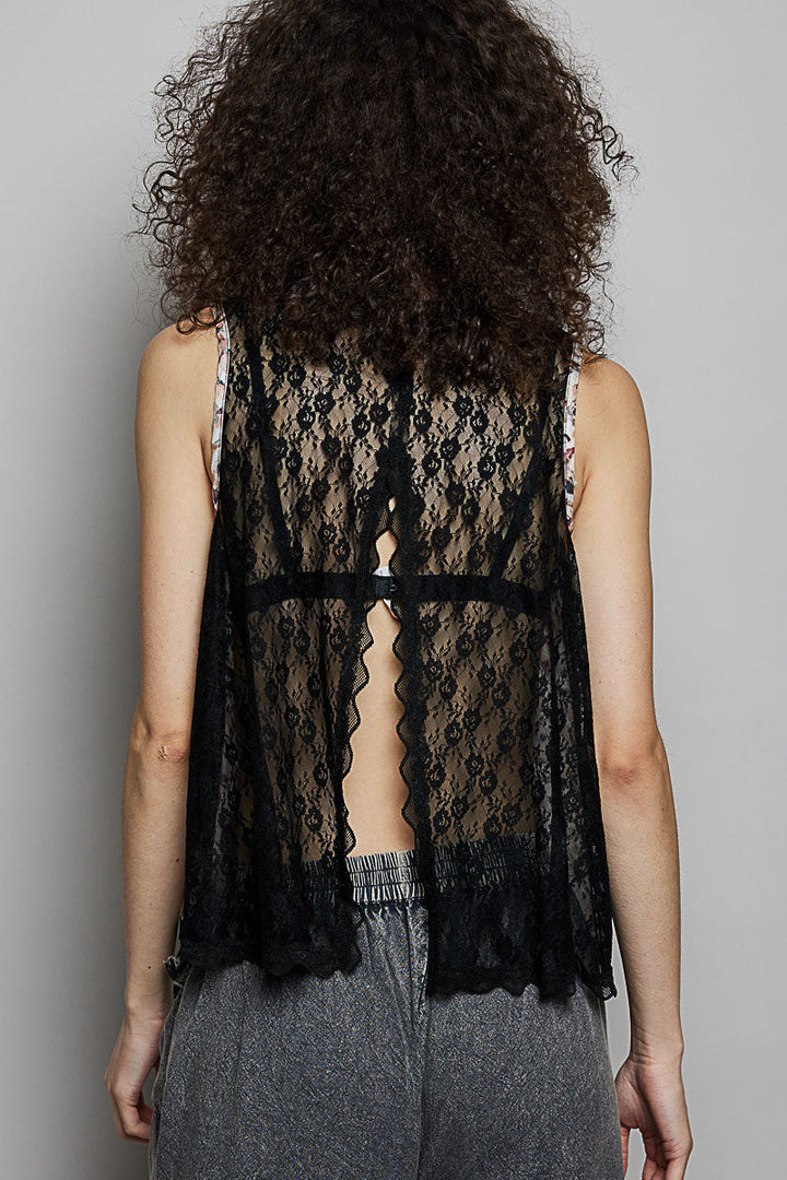 POL Printed Woven Lace Back Round Neck Sleeveless Top