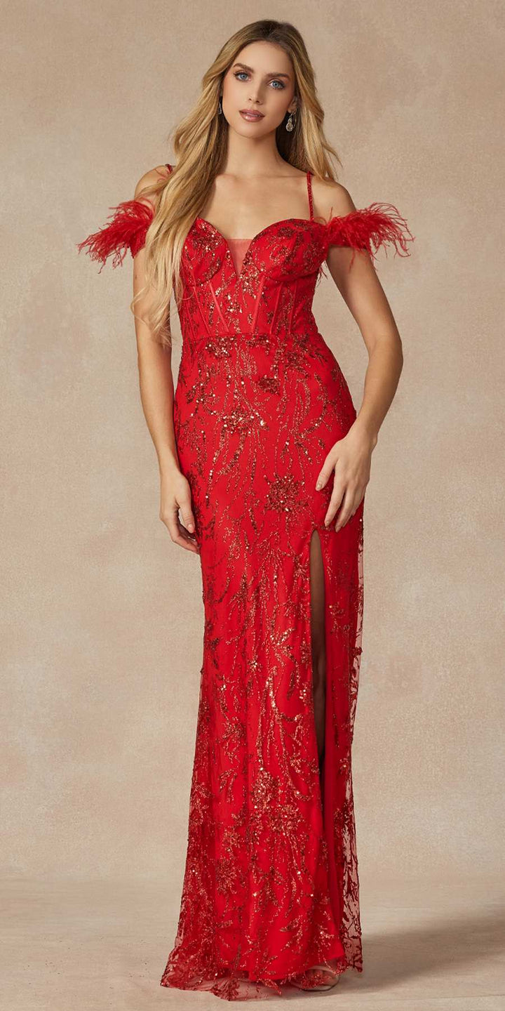 Juliet 2402 Glitter Leaf Sequin Gown with Feathered Sleeves and Slit