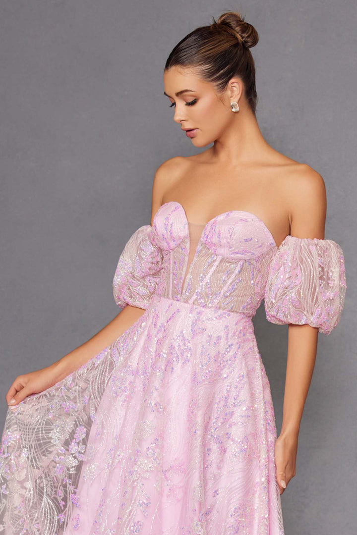 Juliet 2404 Strapless Sequin Tulle Ballgown Removable Puff Sleeves