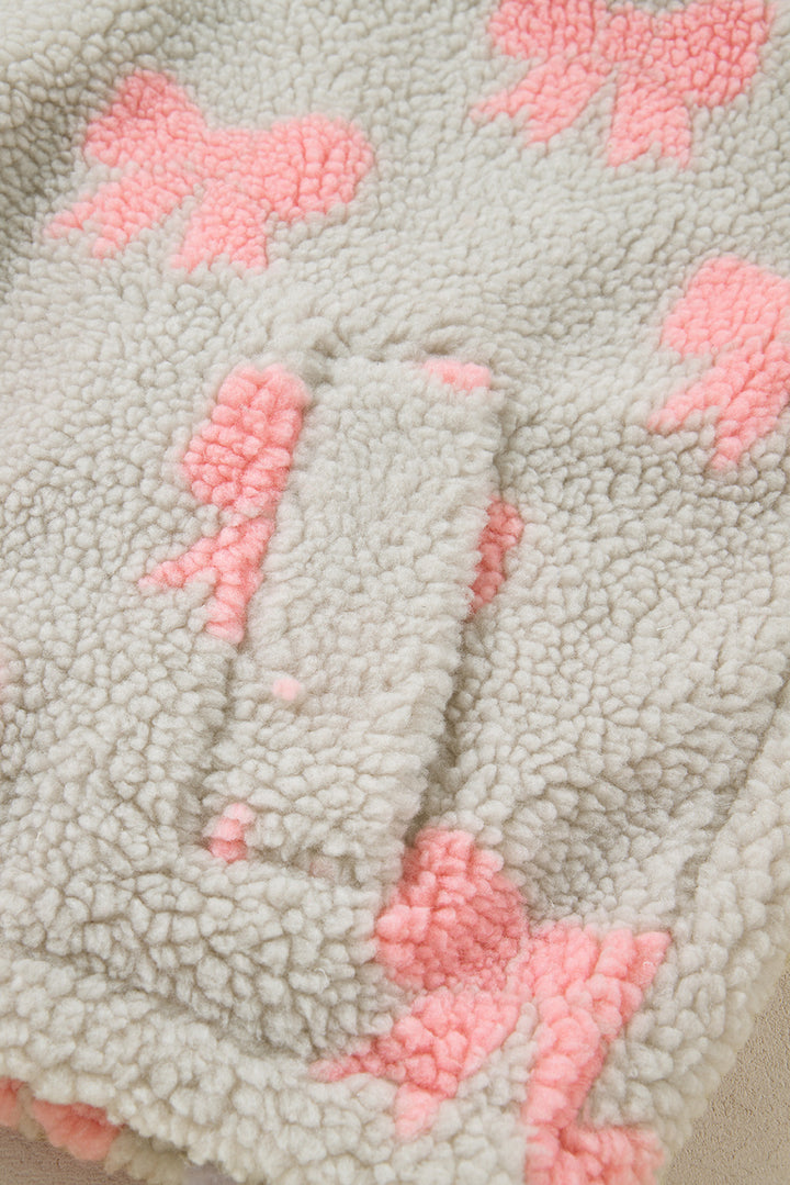 Gray Bow Sherpa Quarter Zip Drop Shoulder Baggy Sweatshirt