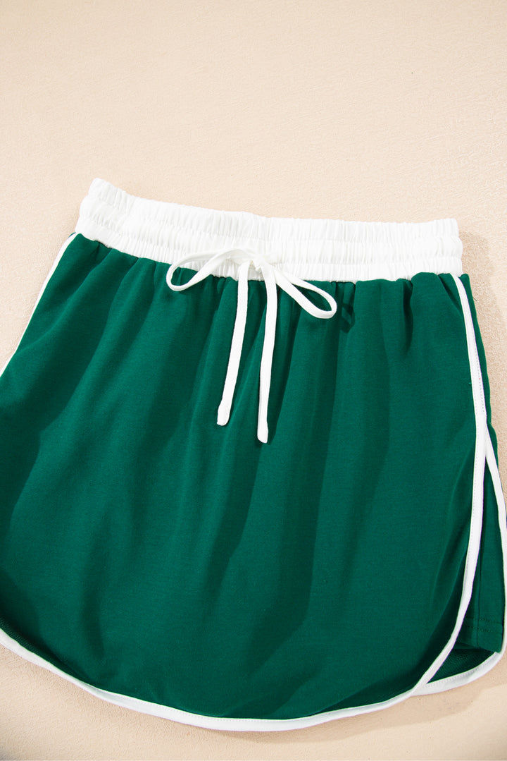 Evergreen Varsity Stripe Detail Drop Shoulder Pullover Mini Skirt Set