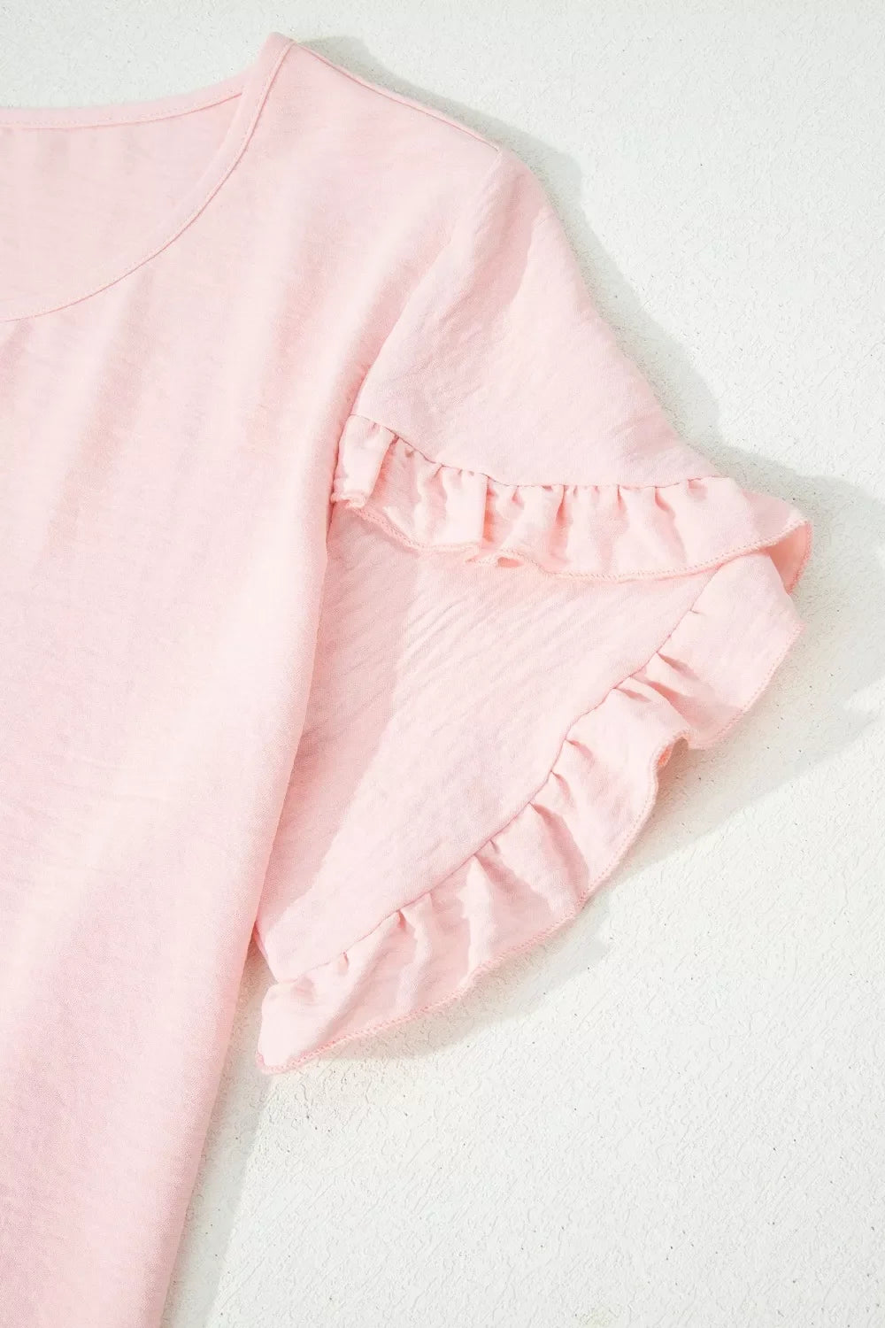 Solid Color Ruffle Trim Short Sleeve Blouse