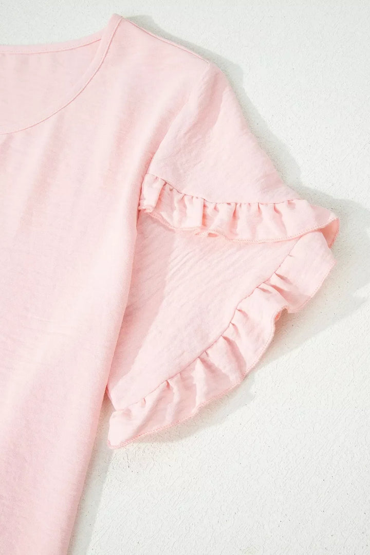 Solid Color Ruffle Trim Short Sleeve Blouse